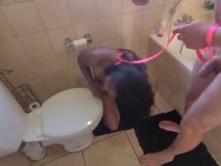 Human toilet indian whore get pissed on and get her head flushed followed by sucking cock
