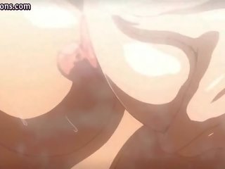 Two busty anime babes licking shaft